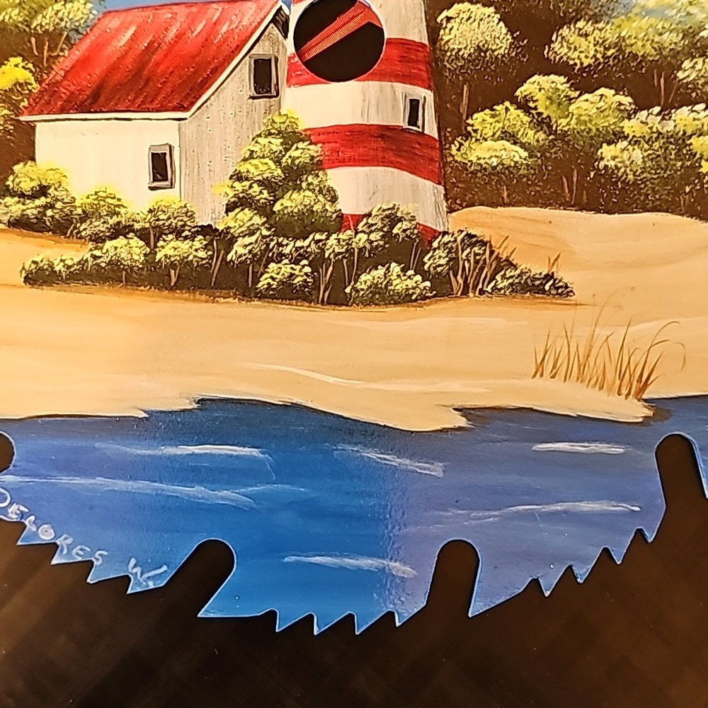 Handpainted Summer Lighthouse Beach Trees Saw Blade 8" - Picture 3 of 7